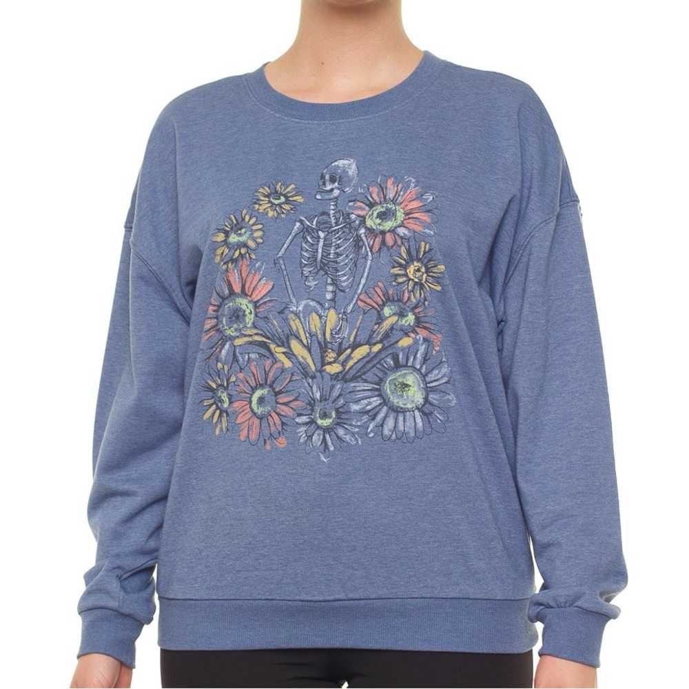 AEO✨Floral Skeleton Patterned Cauliflower Blue Crewneck Sweatshirt